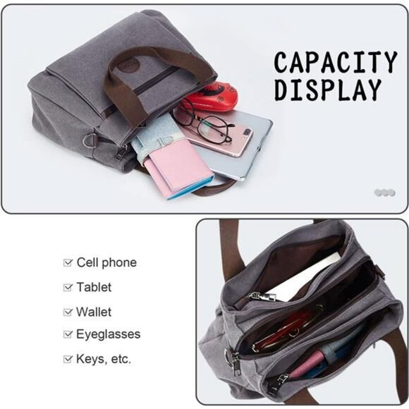 Canvas Crossbody Shoulder Bag Multi Pocket Tote Purse for Women Work Travel - Picture 5 of 7